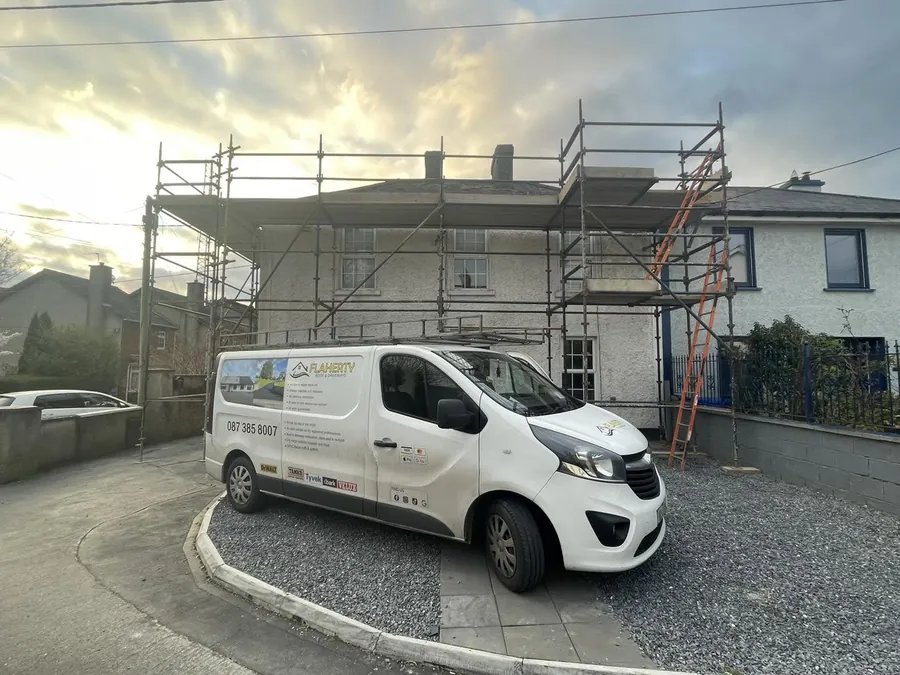Flaherty van at a scaffolded house, Flaherty Roof and Driveways
