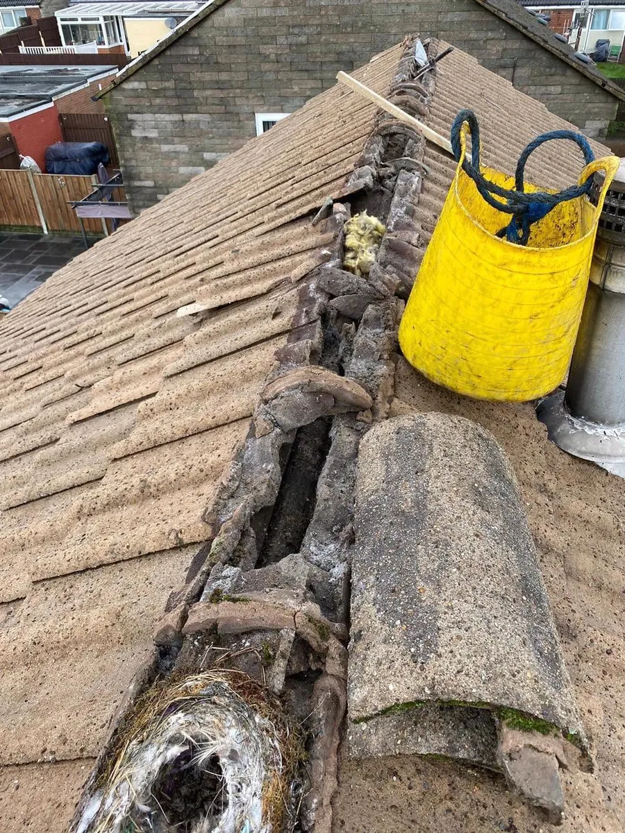 Old ridge tiles and crumbling mortar lifted off, Flaherty Roof and Driveways